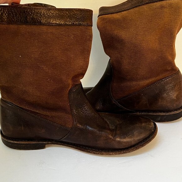 Frye Paige Short Riding Boots Brown Canvas & Leather Pull On Mid Calf 6.5 (READ) - Picture 14 of 15